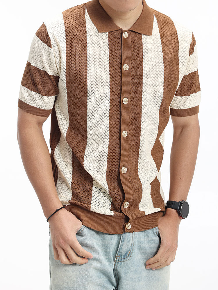 Mens Striped Knit Polo Shirt