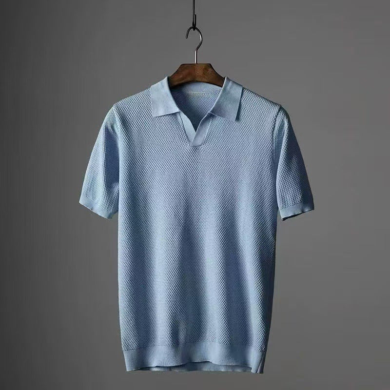 Summer Men's Pure Cotton Short-Sleeve Pineapple Knit Seagull Collar Breathable Thin T-Shirt Solid Color Casual Knitwear Men's Clothing
