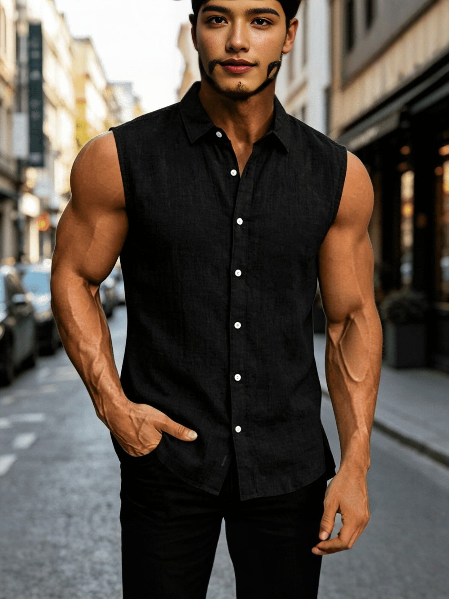 Lapel Sleeveless Shirt for Men, Solid-Color Vest