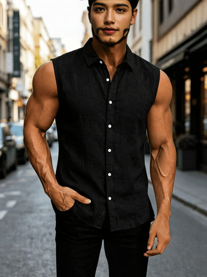 Lapel Sleeveless Shirt for Men, Solid-Color Vest