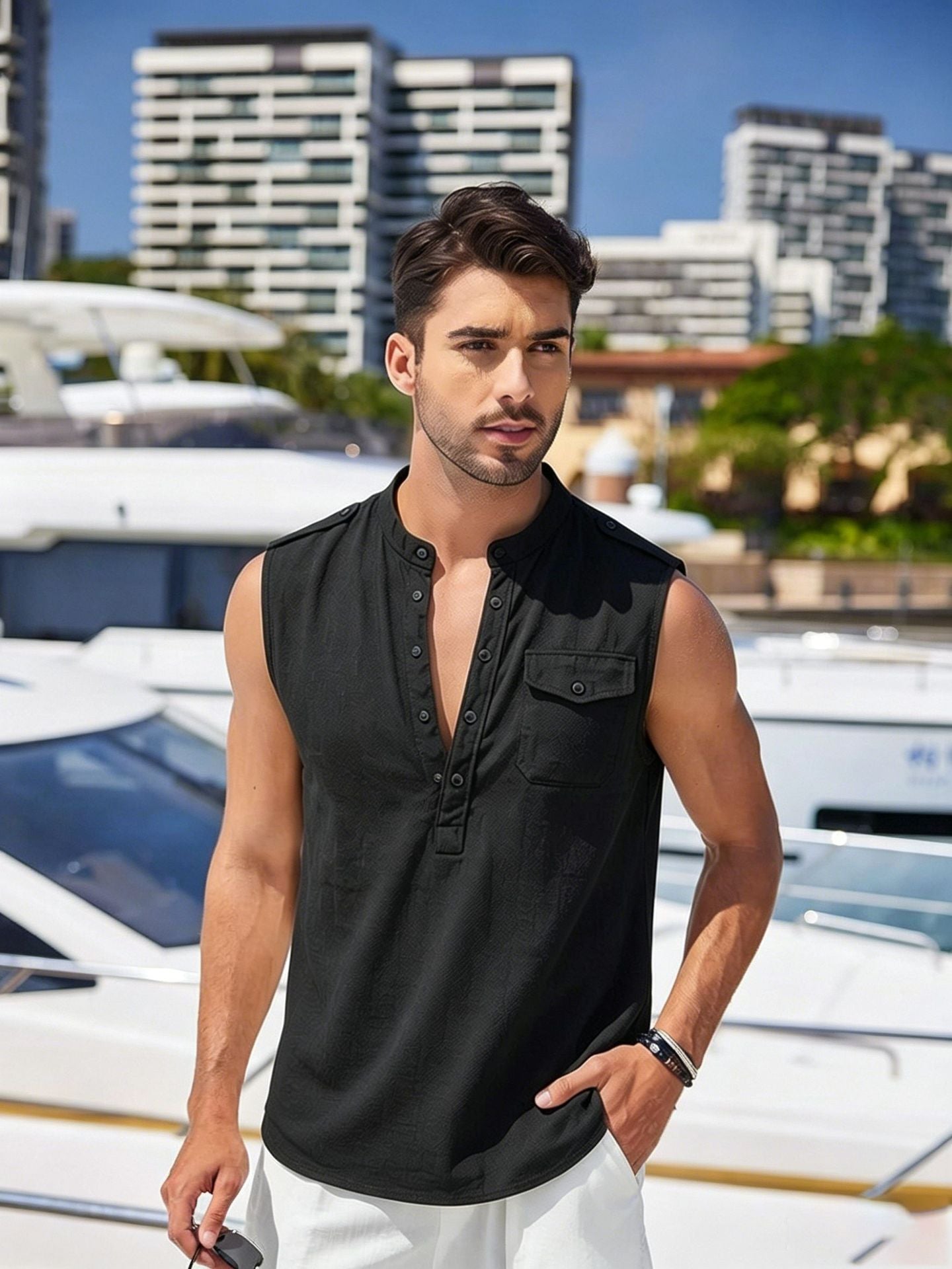 Mens Linen Sleeveless Vest with Stand Collar