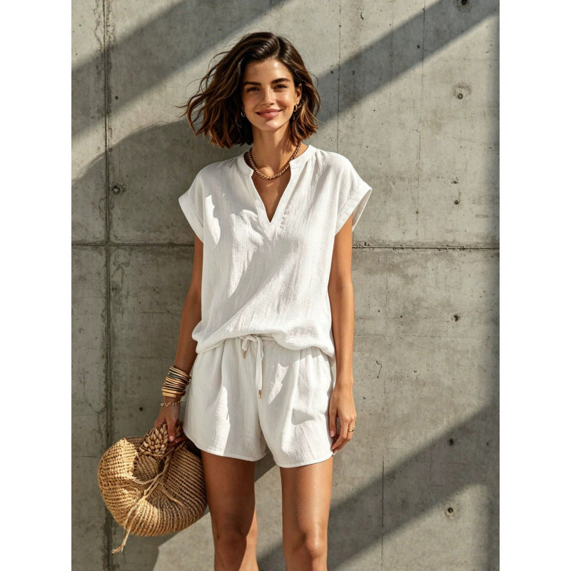 Women Solid Color V-Neck Linen Feel Short Sleeve short