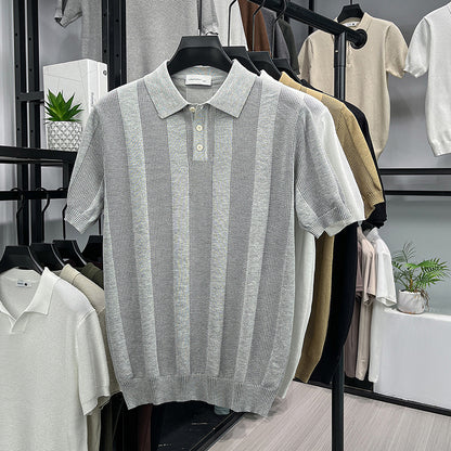 Mens Striped Knit Polo Shirt