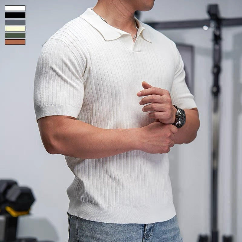 Mens Knitted Polo Shirt Short Sleeve Casual