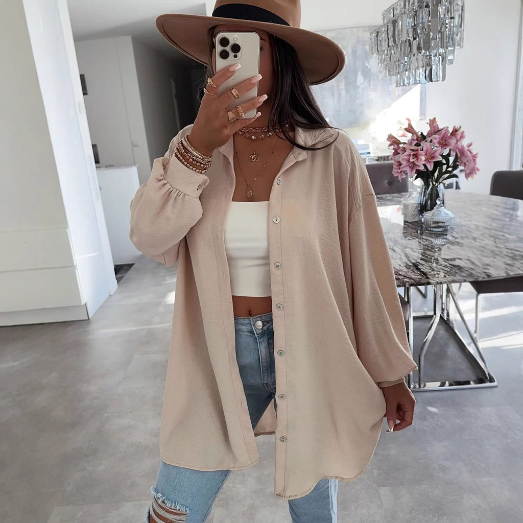 Womens Solid Color Casual Button Shirt