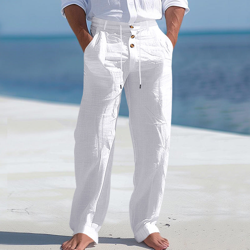Mens Linen Drawstring Pants Straight Leg Casual Trousers