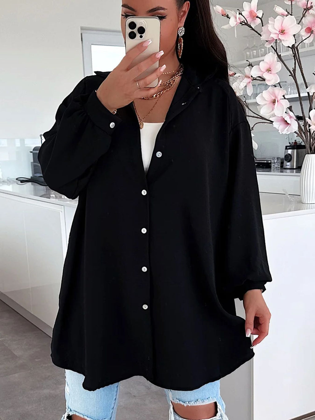 Womens Solid Color Casual Button Shirt