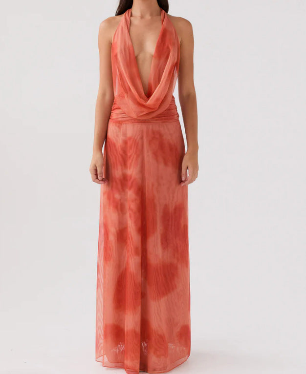 Fashion Printed Halter Neck High Waist Dress
