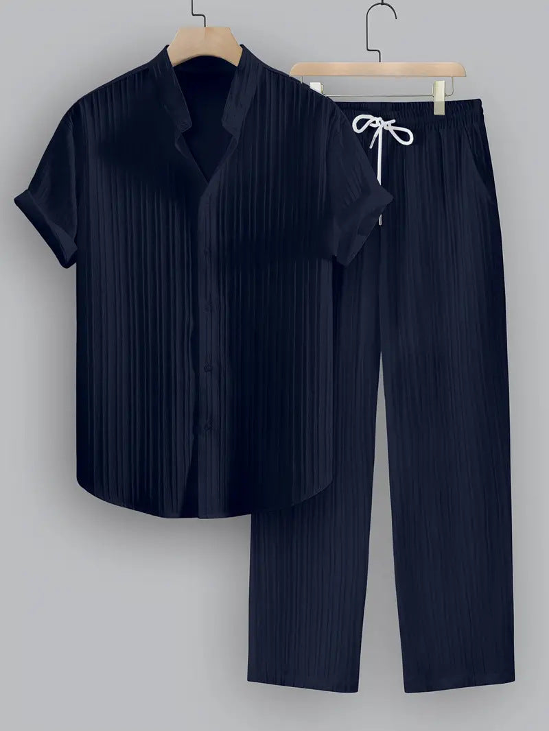 Men's Striped Short Sleeve Shirt and Drawstring Long Pants Casual Suit Set
