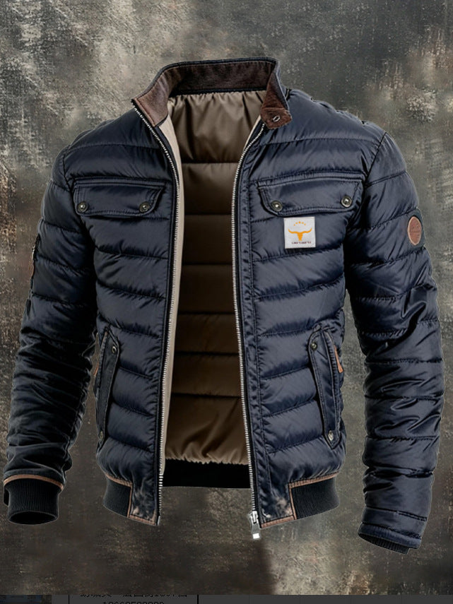 2026 Cross-Border Amazon Men's Vintage Leather Quilted Patchwork Warm Zipper Outdoor Jacket