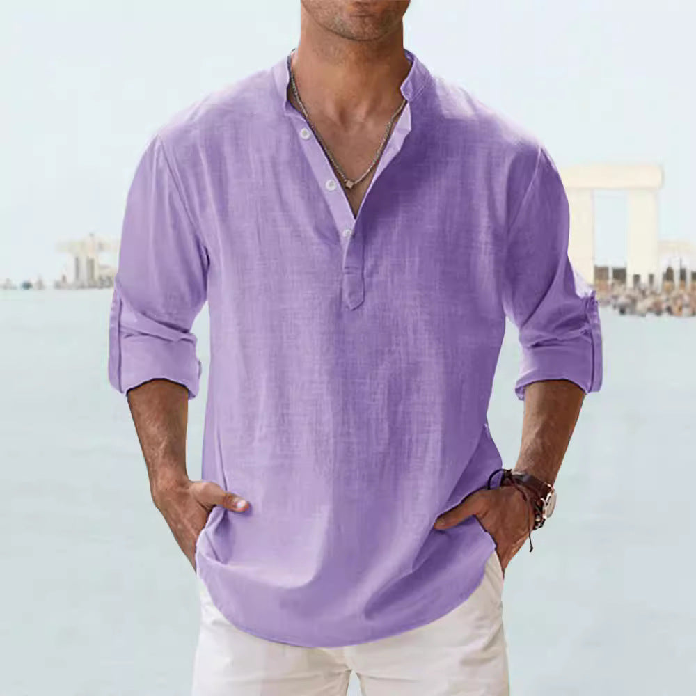 Mens Linen Collar Long Sleeve Shirt