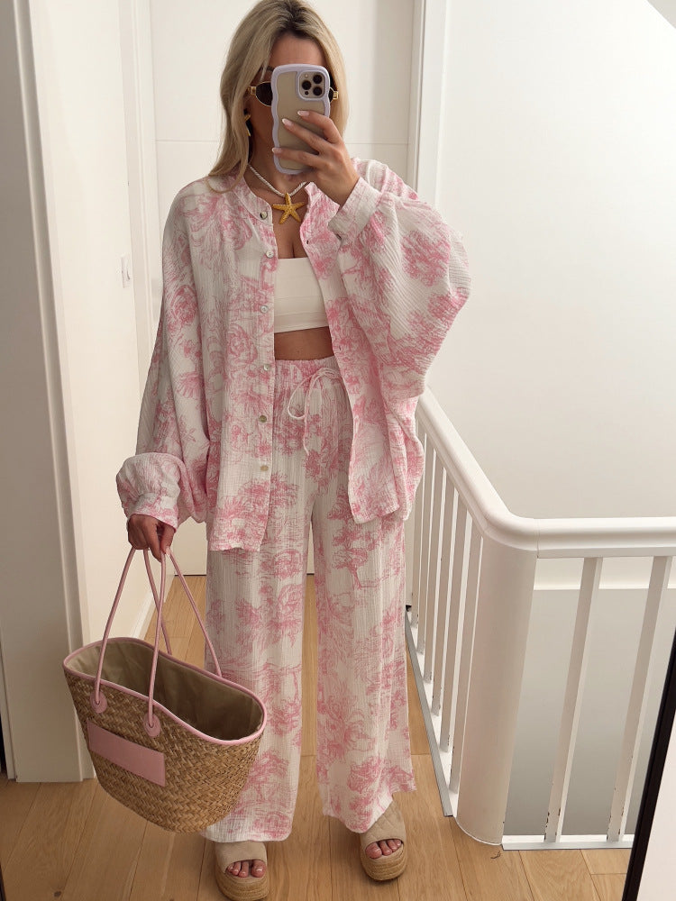 Womens Printed Long Sleeve Shirt and Trousers Set