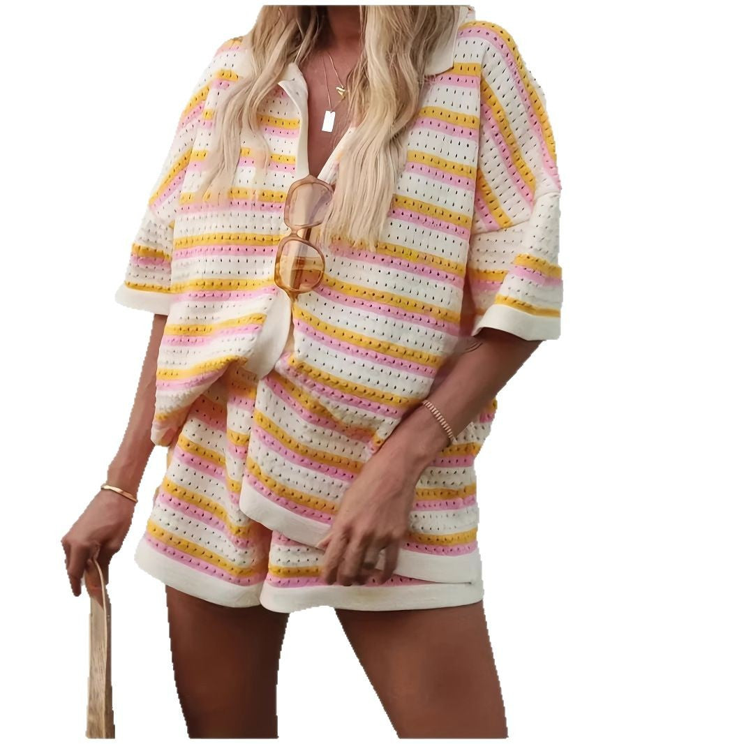 Lapel striped short-sleeved shirts and shorts