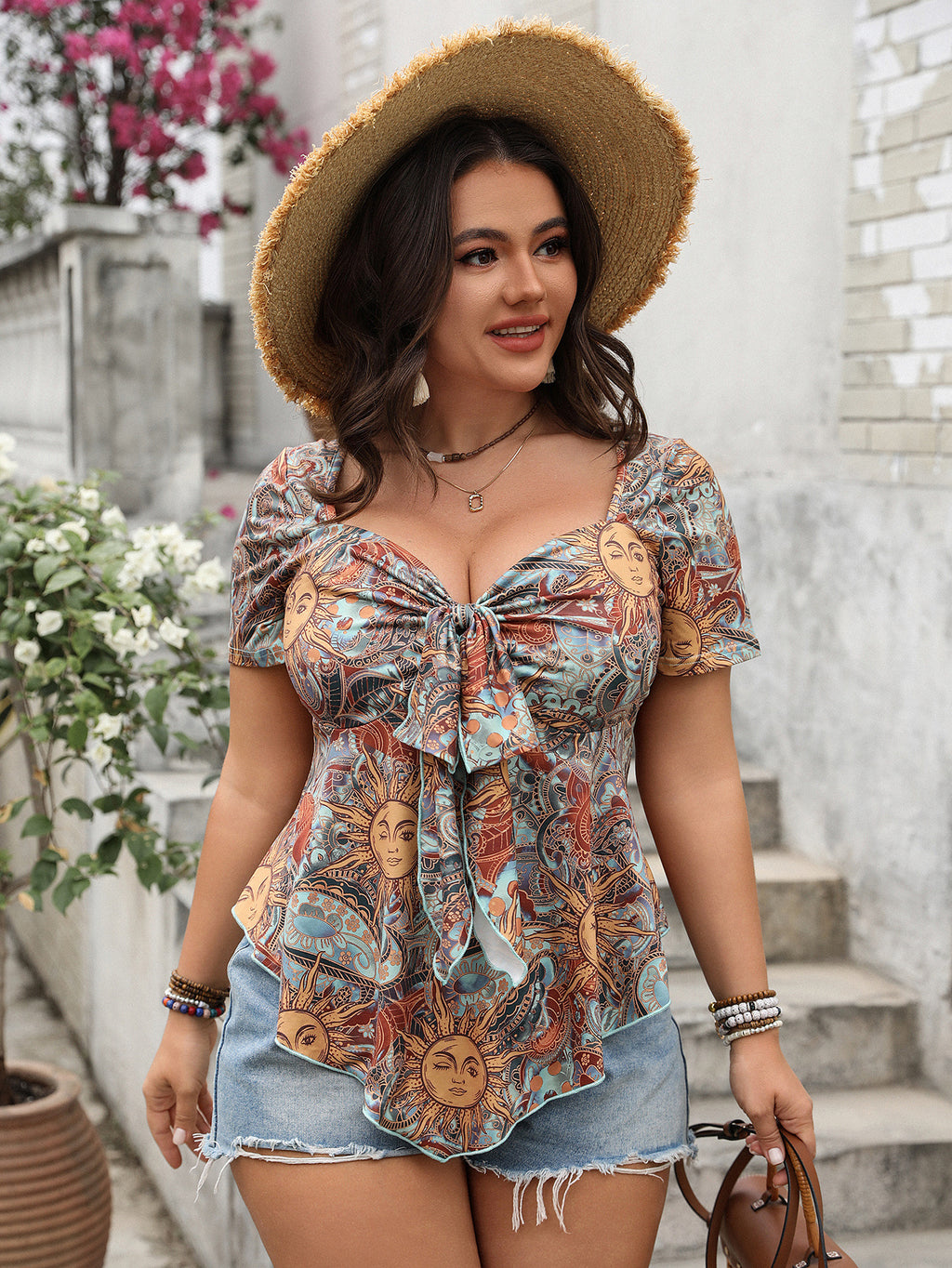 Lace-Up Loose Printed Top