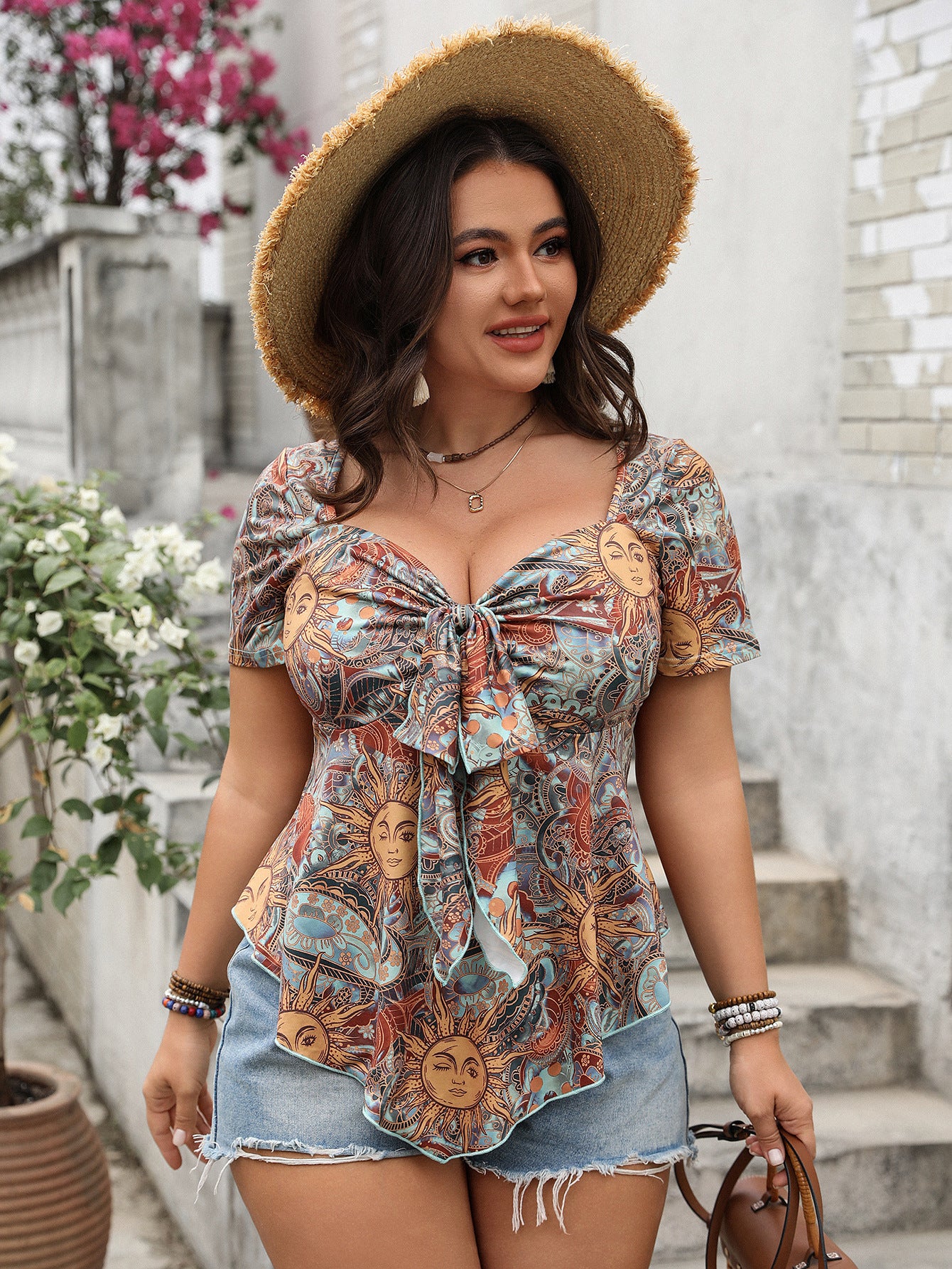 Lace-Up Loose Printed Top