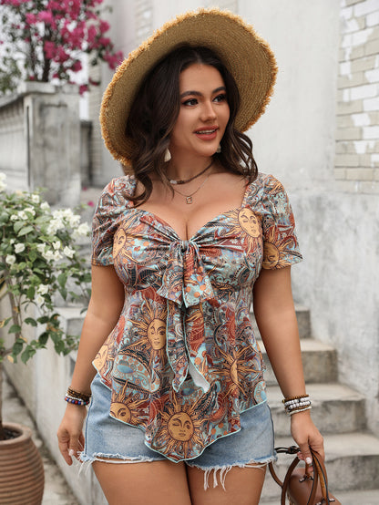 Lace-Up Loose Printed Top