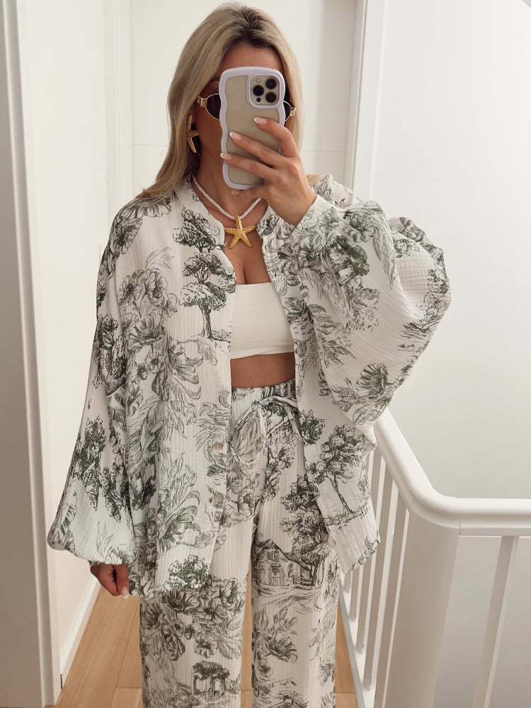 Womens Printed Long Sleeve Shirt and Trousers Set