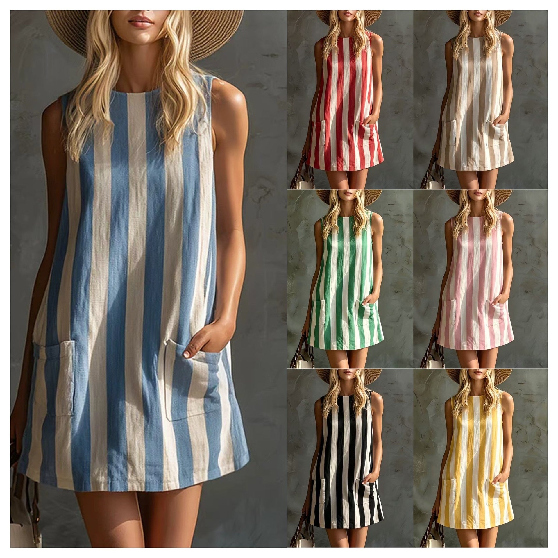 Women Retro Striped Sleeveless Round Neck Cotton Linen Mini Dress