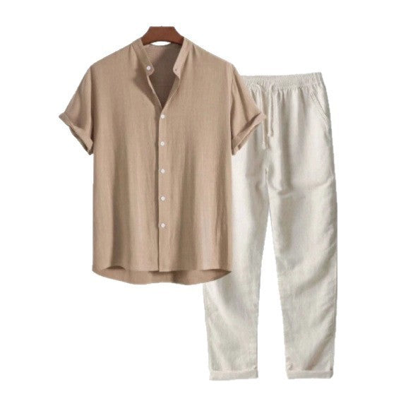Mens Casual Short Sleeve Shirt and Long Pants Set