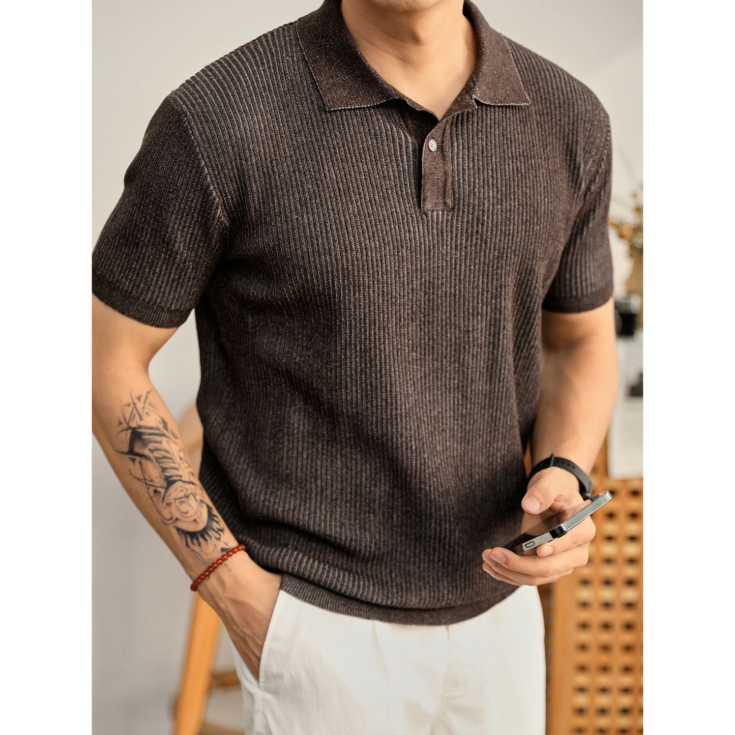 Ribbed Knit Polo Shirt