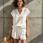 Women Solid Color V-Neck Linen Feel Short Sleeve short