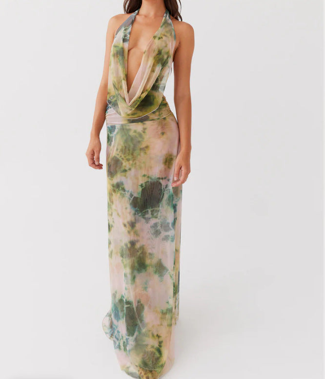 Fashion Printed Halter Neck High Waist Dress