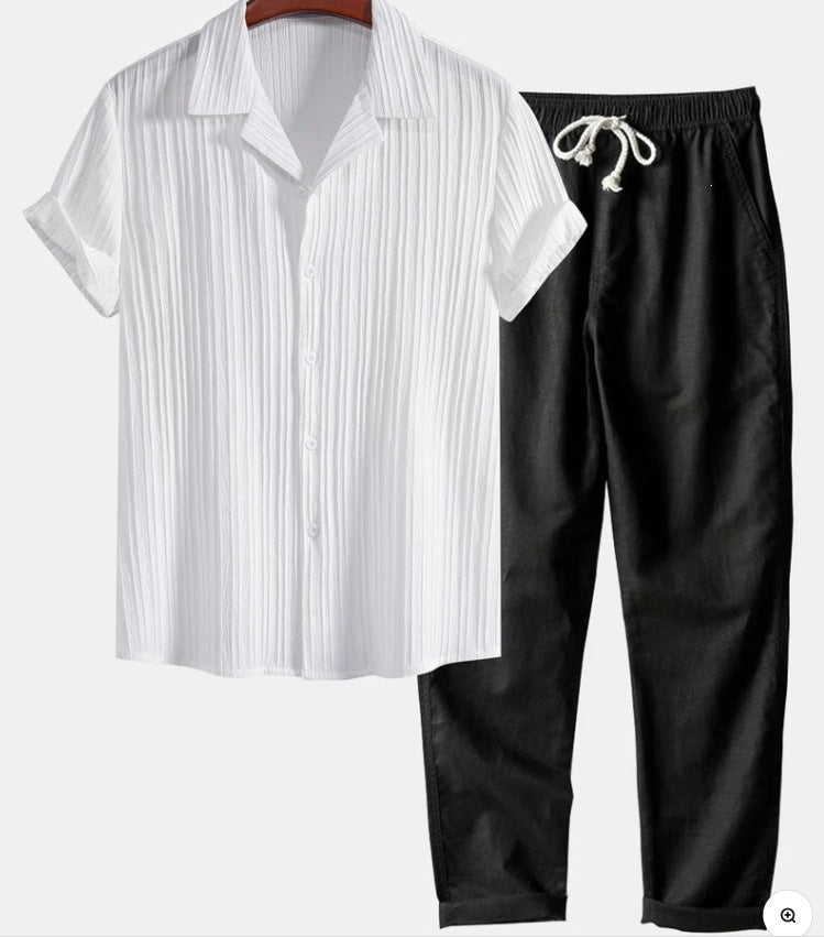 Mens Casual Short Sleeve Shirt and Long Pants Set
