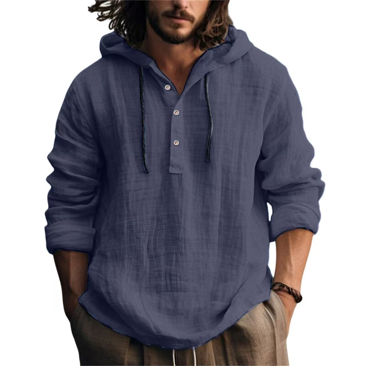 Cross-Border Summer Cotton and Linen Men's Hooded Shirt Long-Sleeved Casual Top Solid Color Breathable Thin Beach Men's T-Shirt