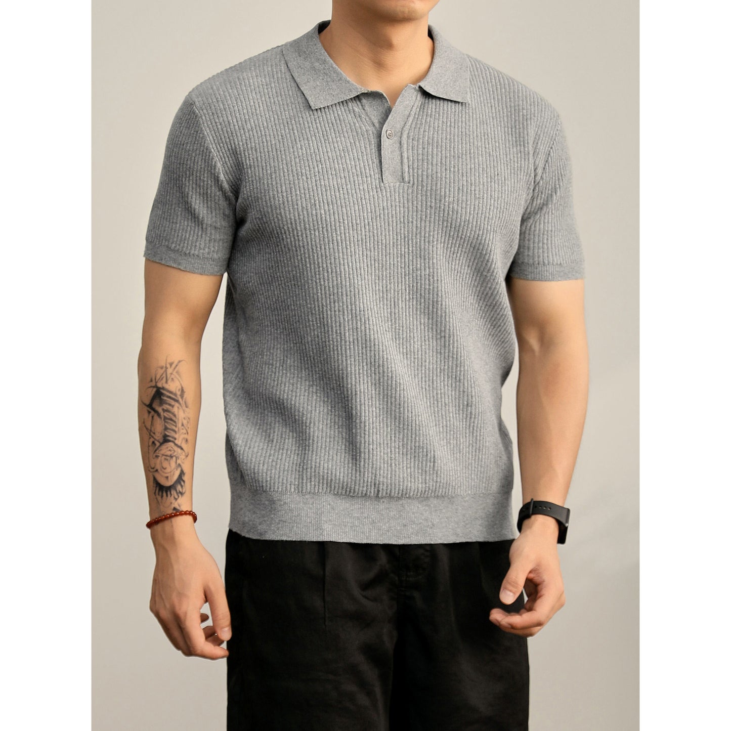 Ribbed Knit Polo Shirt
