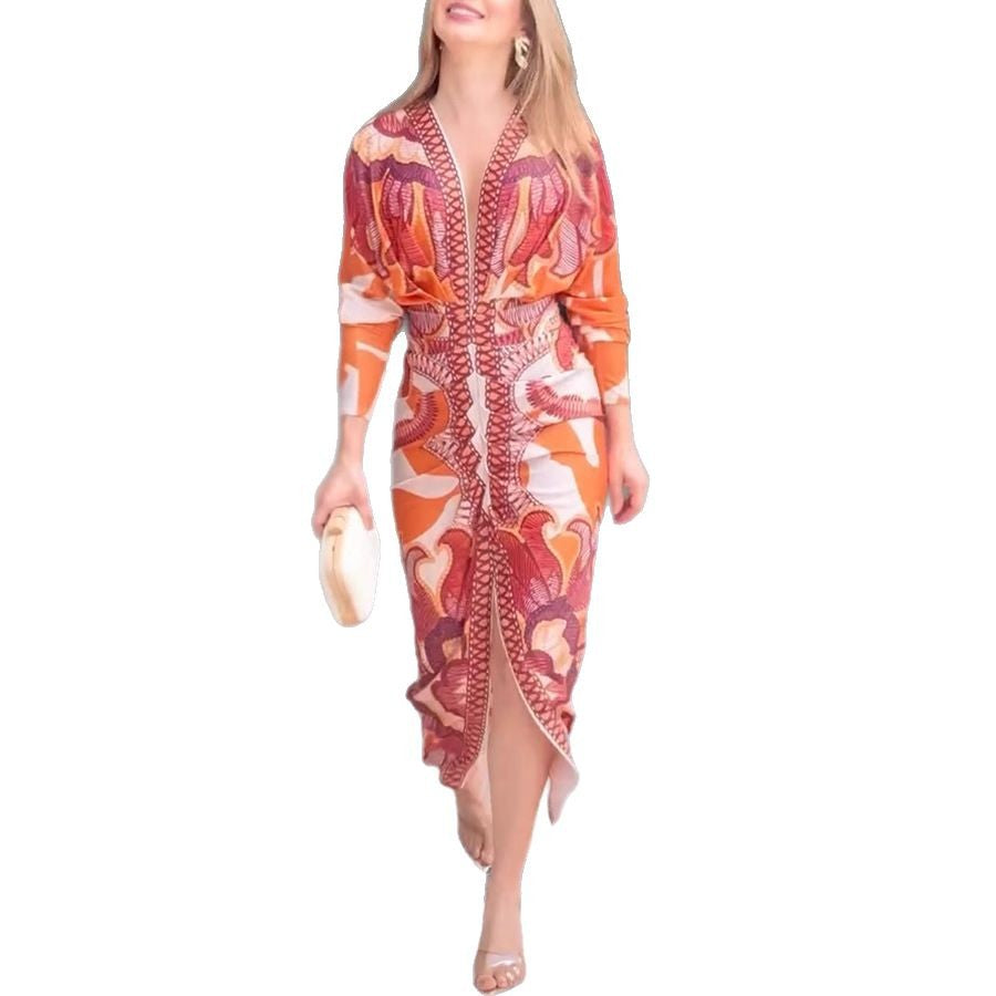 Floral Print V-neck Long Sleeve Dress