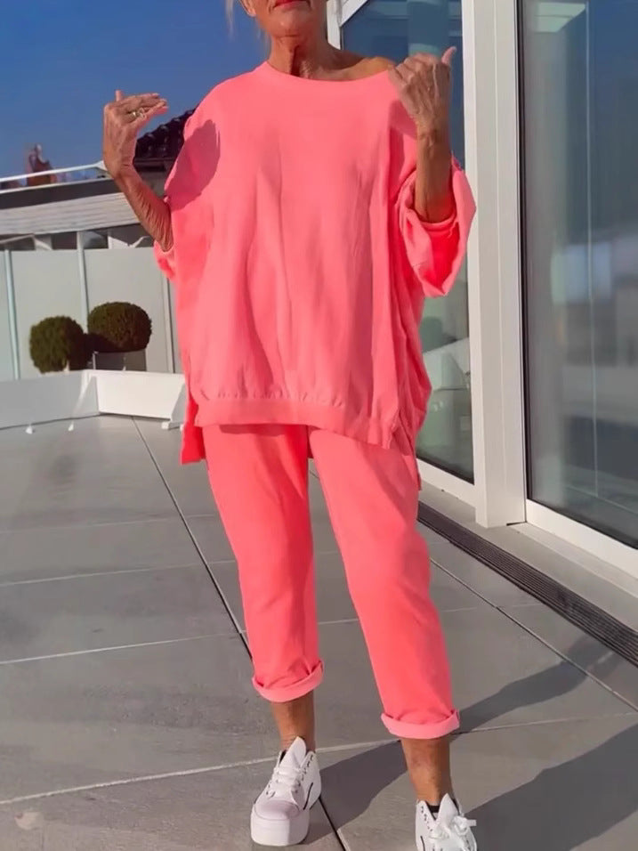 Women's Casual Long Sleeve Round Neck Top and Sports Pants Two-Piece Set