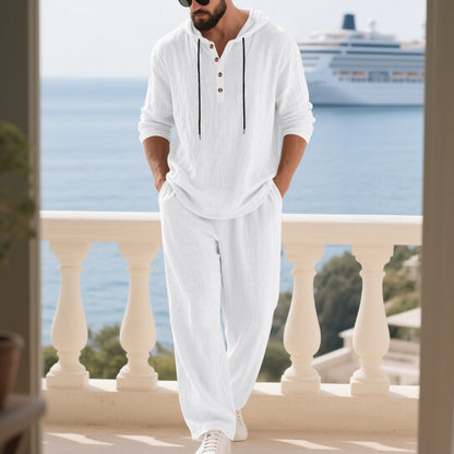 Mens Linen Hooded Sweatshirt and Pants Set