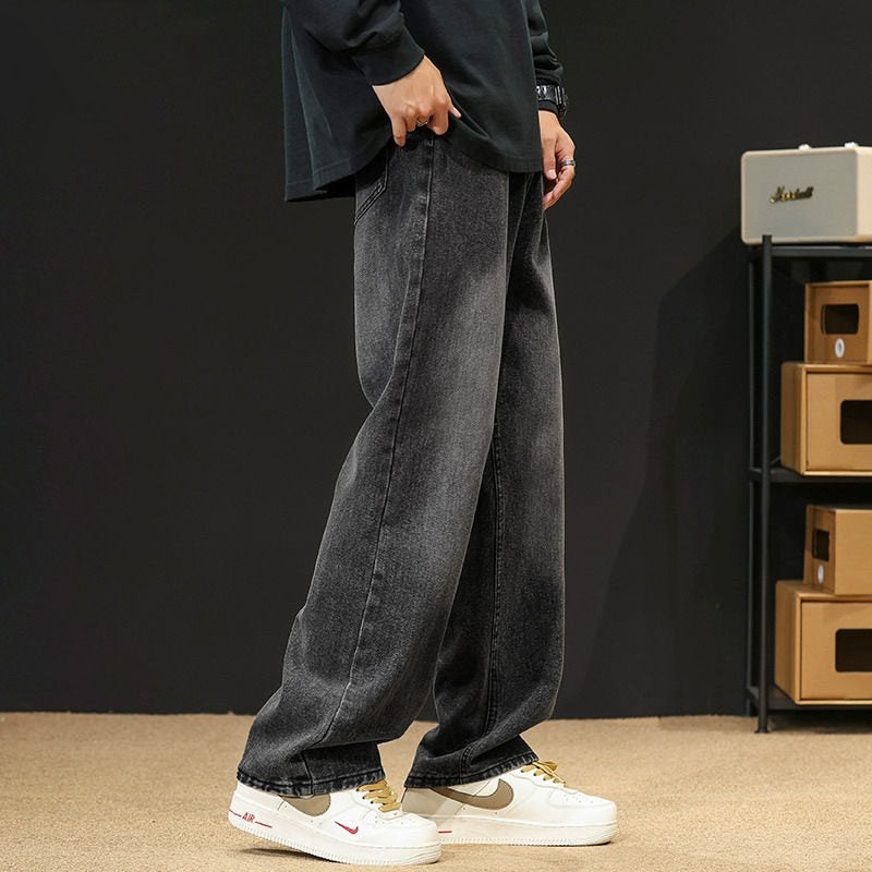 Mens Washed Denim Pants with Elastic Waist