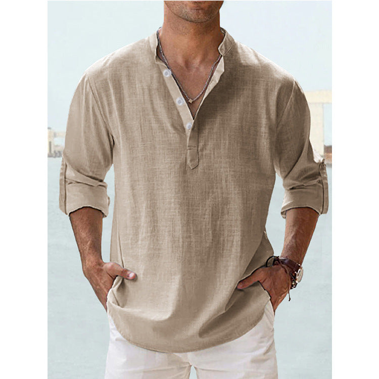 Mens Linen Collar Long Sleeve Shirt