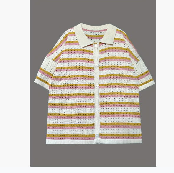 Lapel striped short-sleeved shirts and shorts