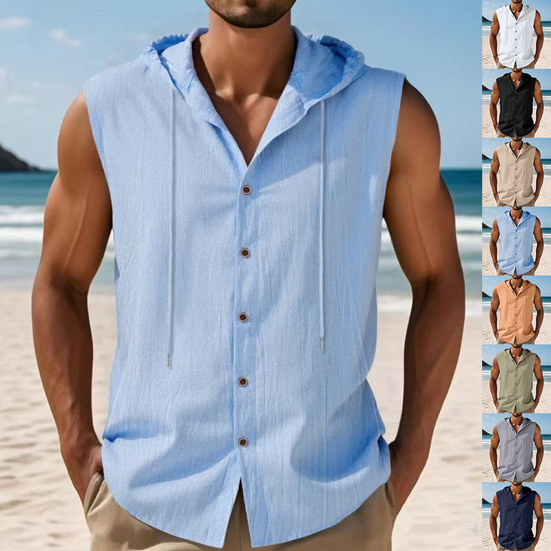 Men's Linen Hooded Vest Sleeveless Casual