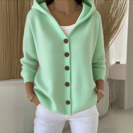 Women Hooded Knitted Cardigan Solid Color Loose Sweater Jacket