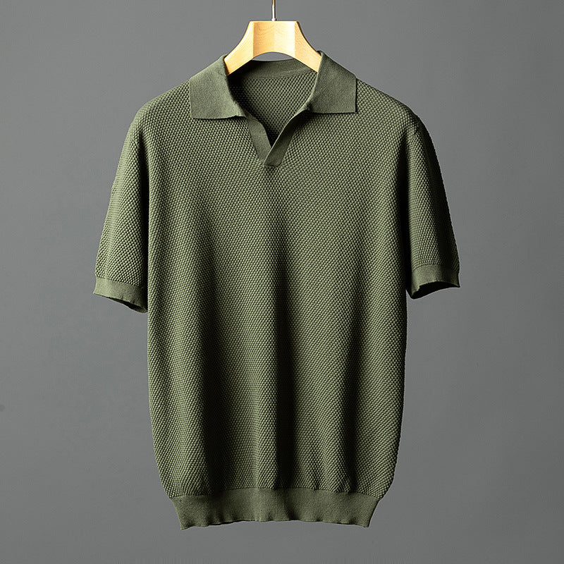 Summer Men's Pure Cotton Short-Sleeve Pineapple Knit Seagull Collar Breathable Thin T-Shirt Solid Color Casual Knitwear Men's Clothing
