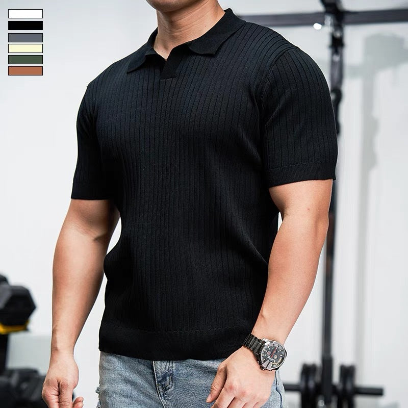Mens Knitted Polo Shirt Short Sleeve Casual