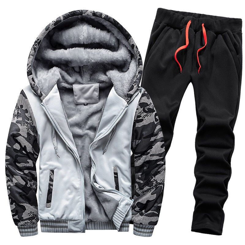 Men's thickened fleece-lined hoodie set