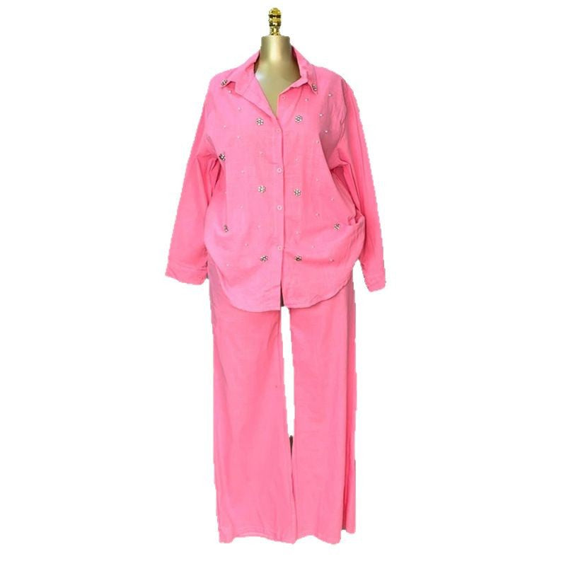 Women Sweet Fresh Beaded Shirt High Waisted Pants Set
