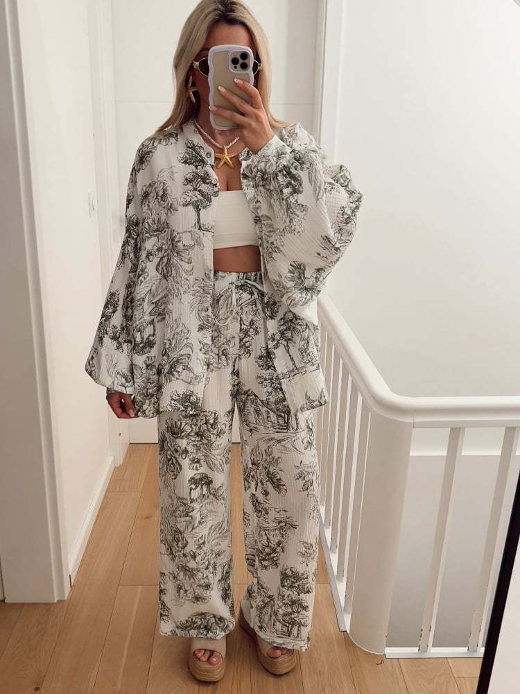 Womens Printed Long Sleeve Shirt and Trousers Set