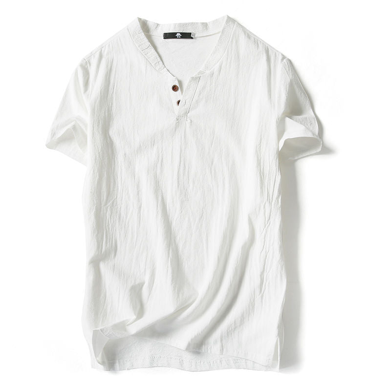 Mens Cotton Linen V-neck T-shirt