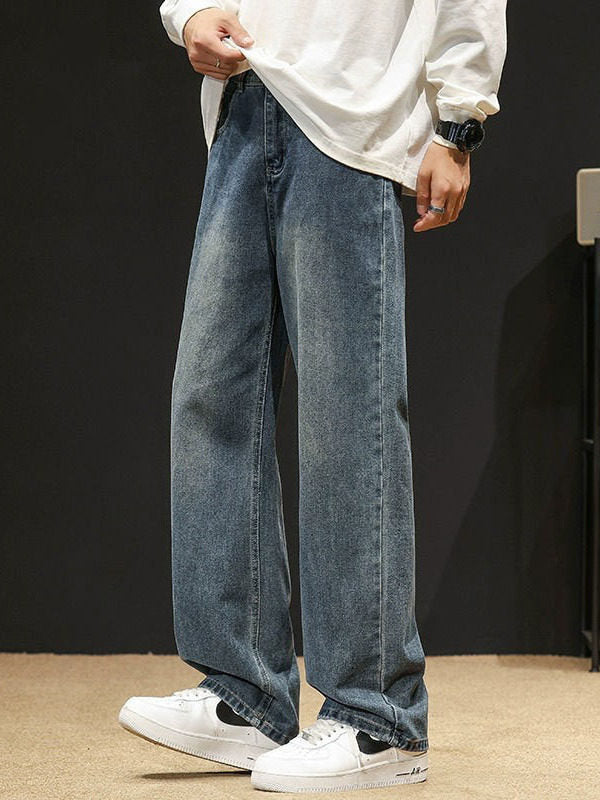 Mens Washed Denim Pants with Elastic Waist