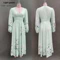 Women's Fashion Digital Print Floral Long-Sleeve V-Neck Pleated Dress
