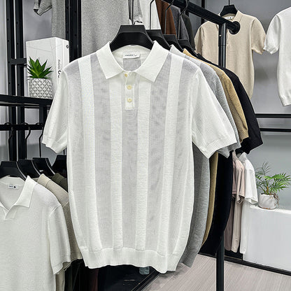Mens Striped Knit Polo Shirt