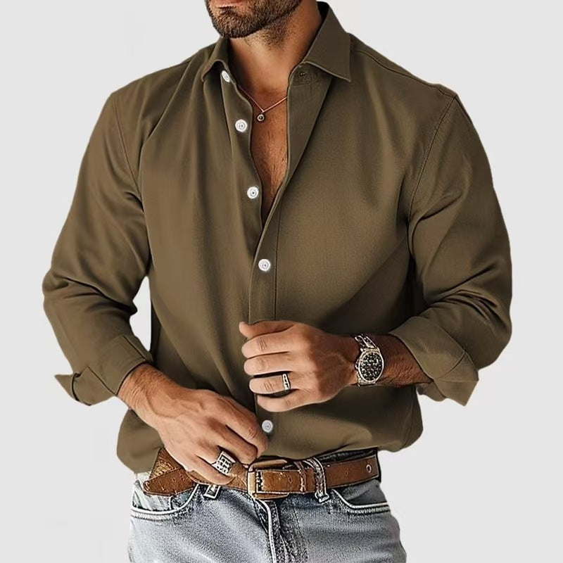 Casual, versatile, notched-collar, button-up solid-color men's top
