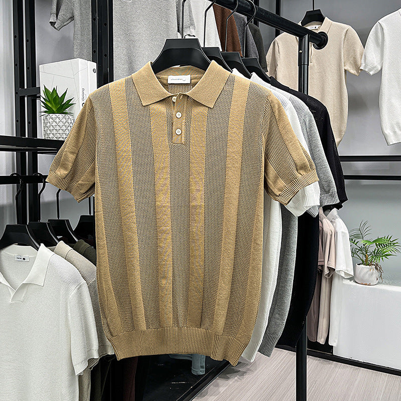 Mens Striped Knit Polo Shirt
