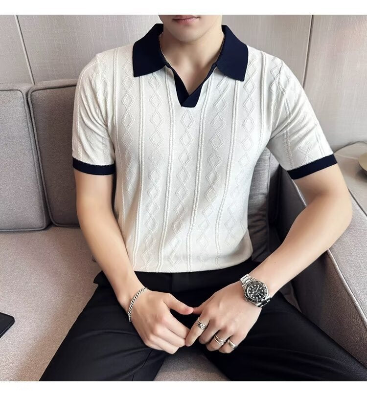 Lapel Polo Shirt Men Jacquard Contrast Color