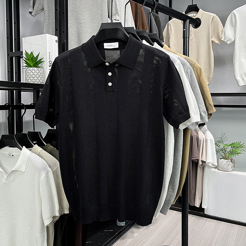 Mens Striped Knit Polo Shirt